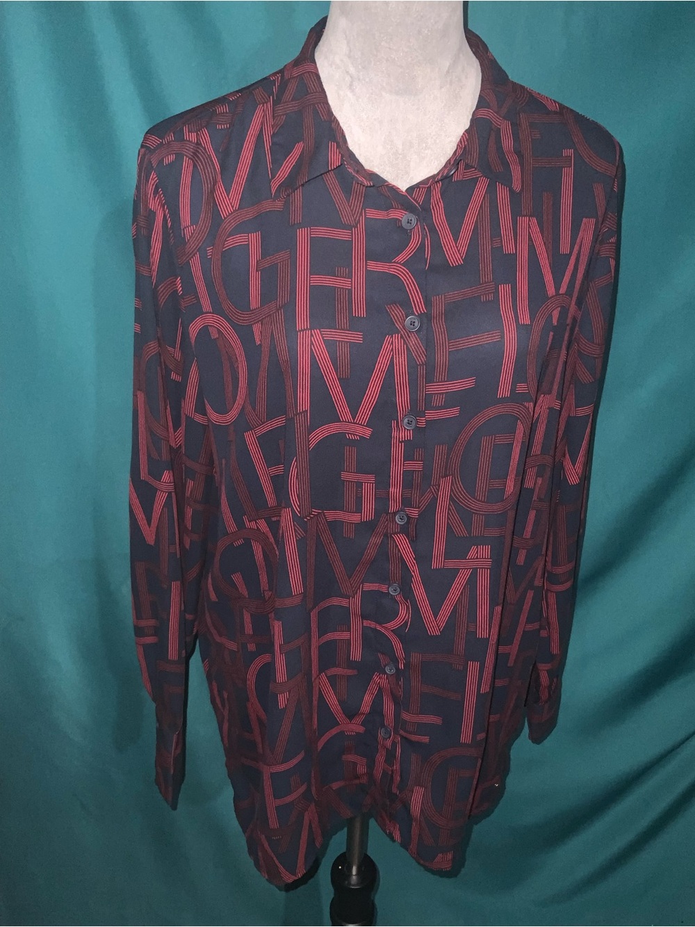 Tommy Hilfiger Regatta Red/Abstract Red Letter Logo Print Long Sleeve Blouse